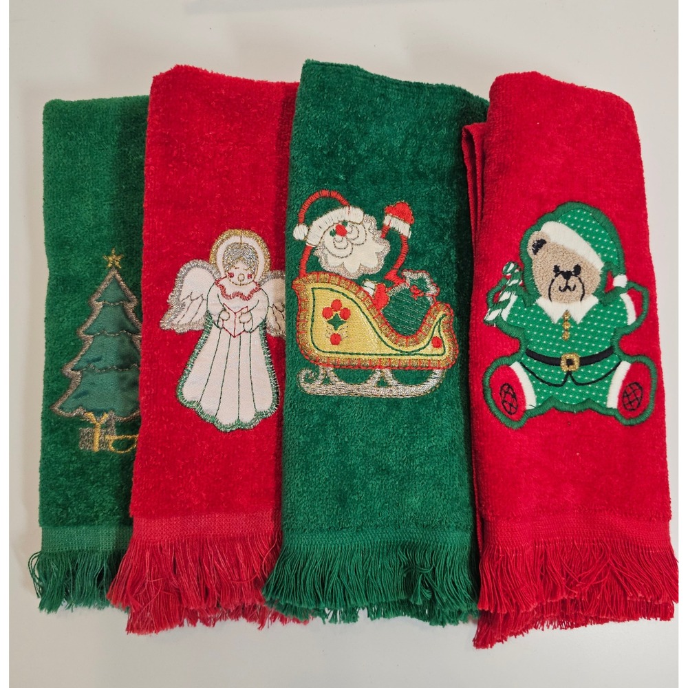Vintage‎ Cannon Christmas Fringe Towel Set Embroidered Angel Tree Bear Red Green